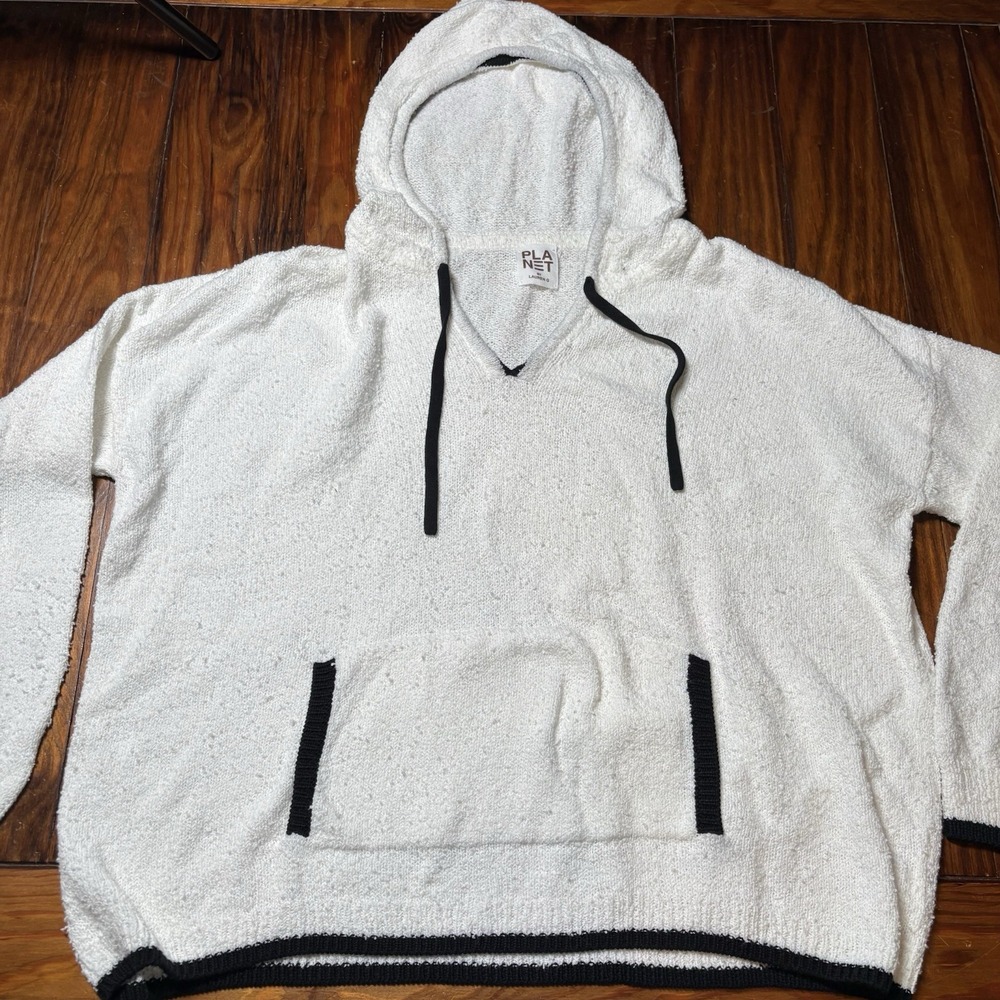 Planet Lauren G White Black Terry Cloth Hoodie One Size Fits All Comfy Fall